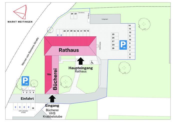 Das Bild zeigt einen Lageplan des Ausweich-Rathauses in der Werner-von-Siemens-Str. 18a